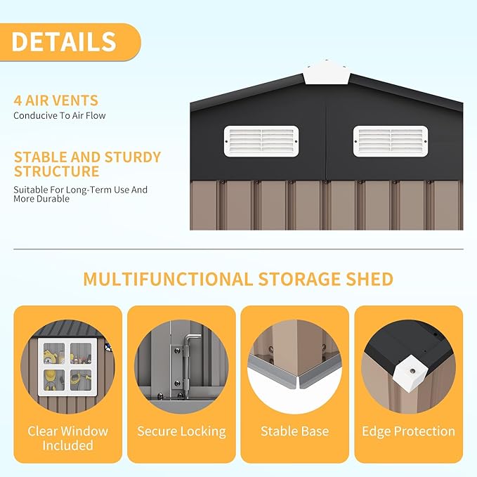 Garvee 8x10 ft Heavy-Duty Metal Storage Shed with Lockable Door & Windows - Galvanized Steel Outdoor Utility Shed with Sloped Roof for Backyard, Garden, Garage, and Patio, Brown