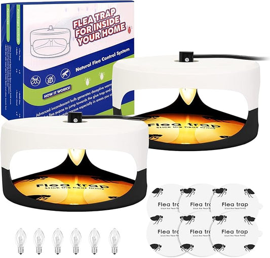 2 Pack Flea Traps for Inside Your Home, Indoor Flea Light, Bed Bug Killer with 6 Sticky Pads & 6 Light Bulb, Odorless Natural Insect Infestation Treatment Trap for Kid Pet