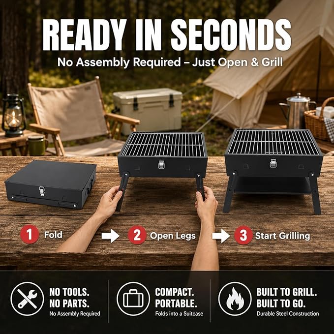 Portable BBQ Charcoal Camping Grill: Tabletop Folding Barbecue Grills with Fire Starter Kit and BBQ Grilling Tool Set, Fathers Day Birthday Grilling Gift for Men Dad Husband