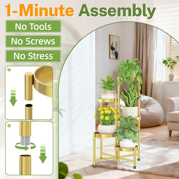 iDavosic.ly Plant Stand Indoor Outdoor, 5 Tier Corner Metal Flower Display Holder Shelf, Folding Tall Orchid Rack for Patio Balcony Porch Garden Living Room House, Gold