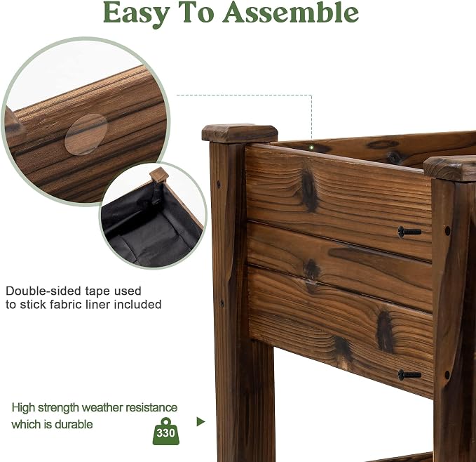 OIPRTGFJ Cedar Wood Outdoor Raised Garden Bed Planter Box with Locking Wheels, 41x21x20 inch, Carbonization Color