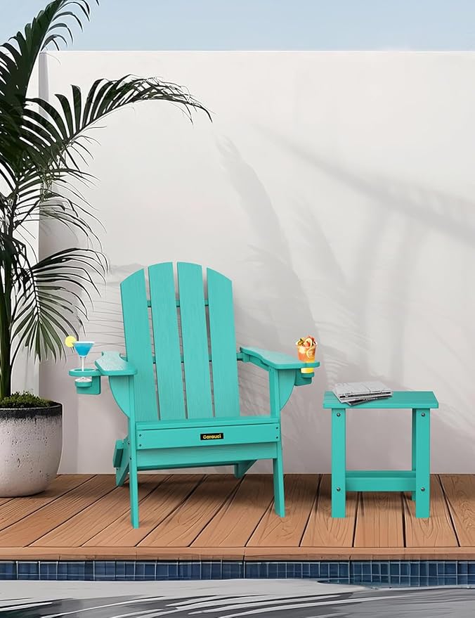 Folding Adirondack Chair Set of 4, Wooden Textured Plastic Adirondack Chairs with 2 Cup Holder, Weather Resistant HDPE Fire Pit Chair, Outdoor Patio Chairs for Garden, Backyard, Lawn, Deck, Lake Blue