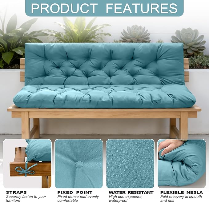 Porch Swing Cushions, Outdoor Swing Replacement Cushions 3 Seater with Backrest, Waterproof Bench Cushion with Ties,for Patio,Porch, Garden,Backyard (Lake Blue 60 * 40 in)