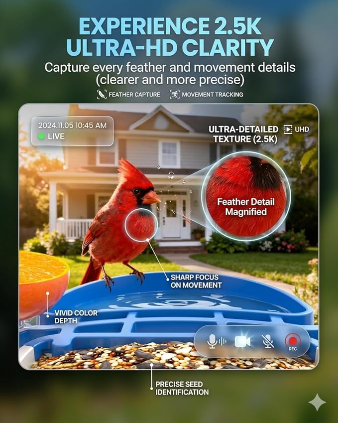 isYoung Smart Bird Feeder with Camera 2.5K QHD, AI Identify 16000+ Birds, Auto-Capture & Motion Detection, IP65 Waterproof, 5W Solar Panel, 140° Field of View, Bird Watching Gift