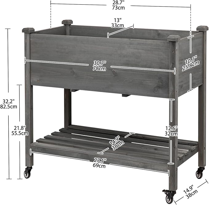 Raised Garden Bed with Lockable Wheels, 32x16x32 inch Elevated Wood Planter with Storage Shelf Protective Liner for Vegetable Flower Herb Outdoor Balcony Patio Backyard, Grey