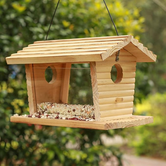 STARSWR Bluebird Feeder Outside,Mealworm Bird Feeder for Outdoors Squirrel Proof Hanging Birdhouse Feeder Wooden Bird House Feeder for Cardinal，Finch