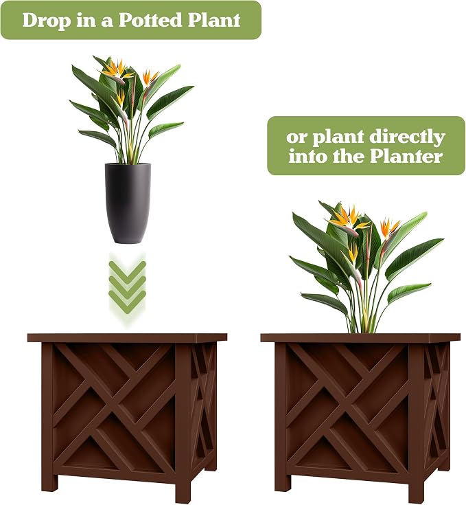 Lattice Design Outdoor Planter Box 2-Pack - 15.5” Square 16.5” Tall Brown Decorative Plant Pots for Front Porch Decor - Flower Pots Outdoor Planters for Porch Patio or Garden Decor by Pure Garden