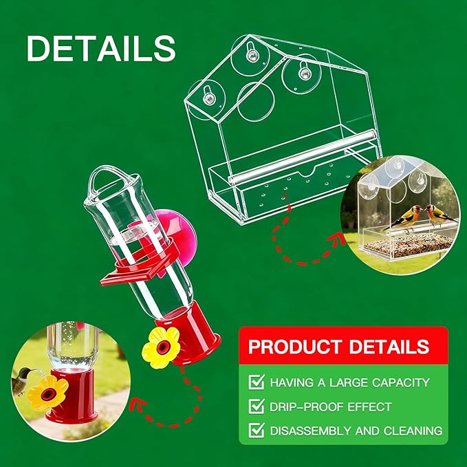 Window Bird Feeder with Hummingbird Waterer（2-Piece Set） - Extra-Large Window for Offer Easy Food & Water Access, Super-Strong Suction Cup, Easy Install & Clean, Sturdy Durable Outdoor Use.