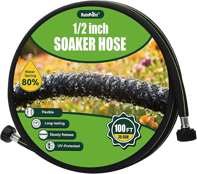 RAINPOINT 1/2'' Soaker Hose 100ft for Garden, Drip Irrigation Hose, Water Seeper Soaker Hoses for Foundation Watering, Save 80% Water for Vegetable Gardens, Flower Beds, Lawns, Orchards, Black