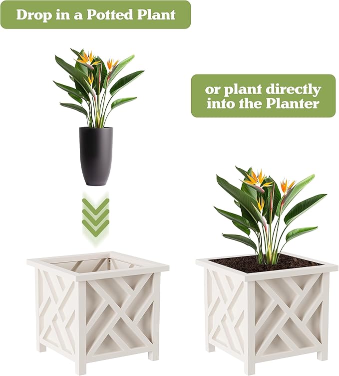 Lattice Design Outdoor Planter Box 2-Pack - 14.75” Square 13” Tall White Decorative Plant Pots for Front Porch Decor - Flower Pots Outdoor Planters for Porch Patio or Garden Decor by Pure Garden