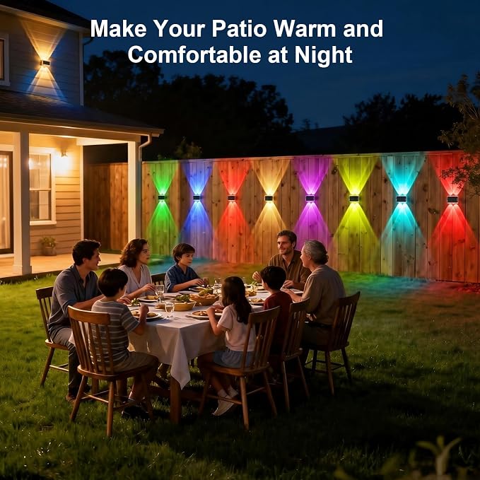 Solar Fence Lights Outdoor Waterproof LED, New Up Down Glow Wall lights Solar Powered with 8 Modes 6 Color Changing Warm White & RGB Cycling, Solar Patio Light for Backyard Railing Deck Decor-12 Pack