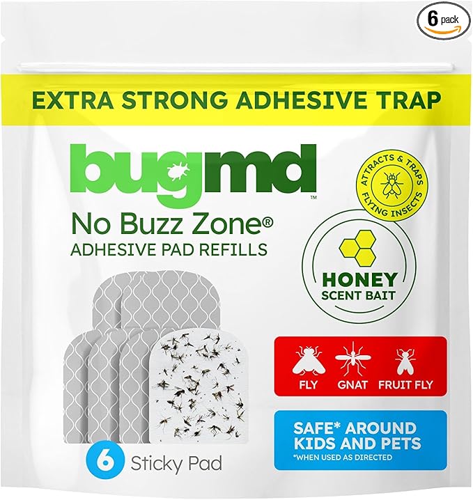BugMD No Buzz Zone No Buzz Zone Refill Pads for Fruit Fly Traps for Indoors with Honey Scent Bait – Gnat Traps for House Indoor Sticky Pad Refills, Fly Trap Indoor Replacement Pads, 6-Pack
