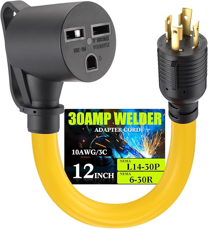 Tellegloww Generator to Welder Adapter Compatible with NEMA L14-30P to 6-30R 30 Amp, ETL Listed, 4 Prong Locking Generator Male to 3 Prong Dryer Female for EV, 10 AWG STW, 1FT