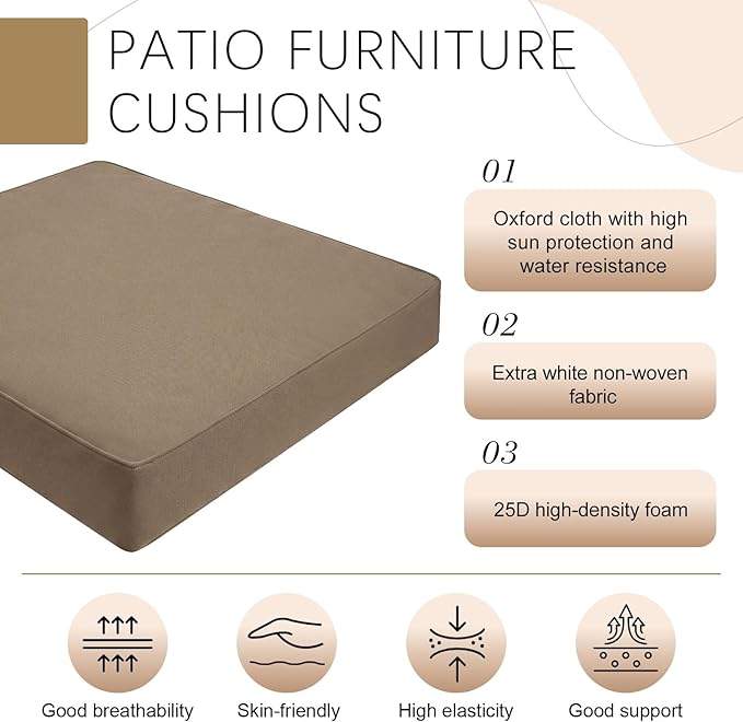 DoubleFill 1 Pcs Outdoor Ottoman Cushion 23"x19"x3" Waterproof Fade Resistant Outdoor Footstools Cushion Removable Patio Ottoman Cushions with Adjustable Fixing Strap for Stool (Light Brown)
