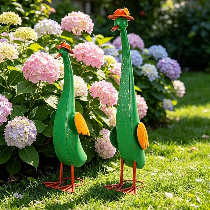 22" Duck Garden Statue Set of 2 Metal Ducks | Outdoor Decor Porch Animal Figurine Yard Art Sculptures Rustproof Lawn Ornament for Outside Patio Backyard Decorations
