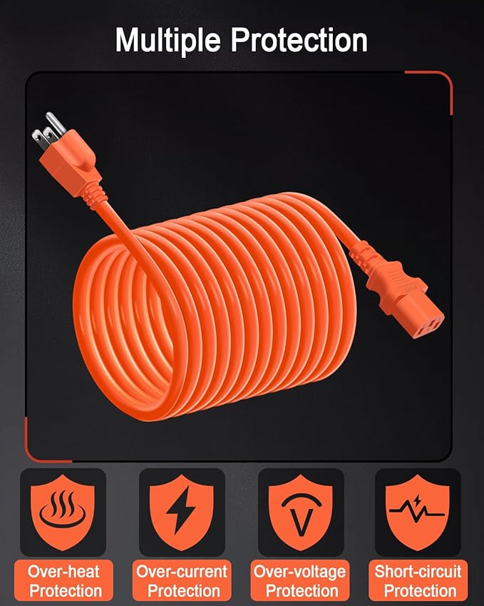 YEZriler 5M/16.4FT Heavy-Duty Charging Cable for Jackery Power Station Explorer 3000/2000/1500/1000, Ecoflow Delta/River/Series, Bluetti EB3A, Anker 757/767, 125Volt 15Amps AC Power Cord - Orange