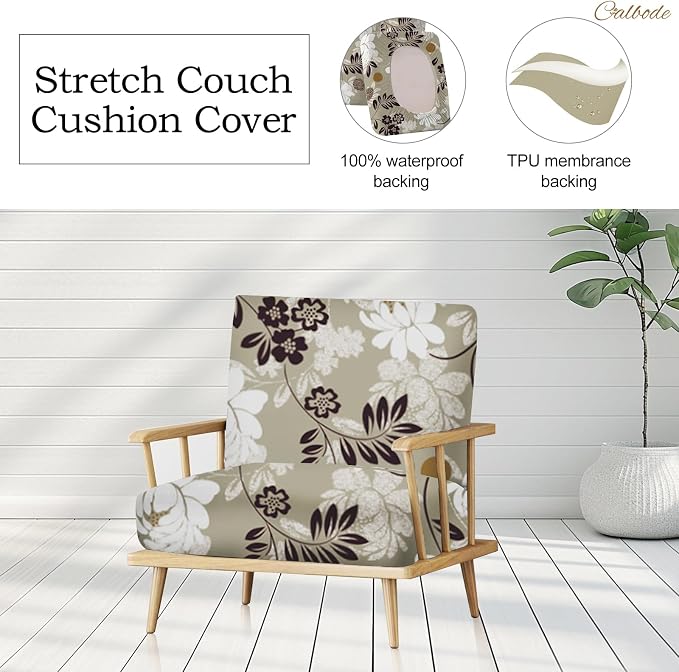 CALBODE 8 Pcs Waterproof Patio Cushion Covers, Floral Printed Stretch Outdoor Sofa Cover for Patio Furniture, Washable Chair Covers Reusable Furniture Protector for Fall Decor (Brown, Cover Only)