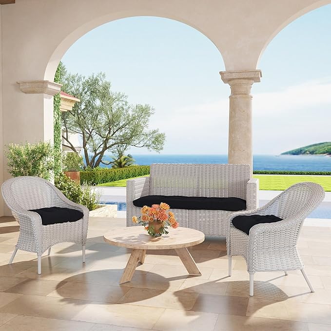 Outdoor Chair Cushions Set of 2, 19x19x4 Inch Seat Pads with Ties for Patio Wicker Chairs Garden Dining Chair, Indoor Outside Use, Fade-Resistant & Waterproof, Black