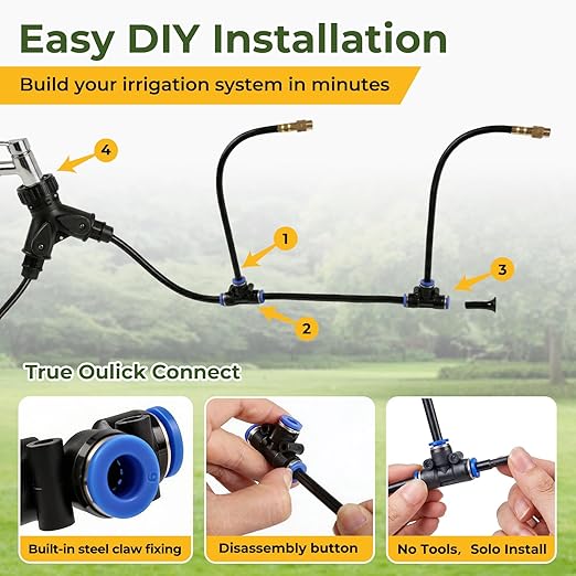 100FT Drip Irrigation Kit for Garden, 360° Adjustable Watering System with 1/4" Tubing, Brass Adjustable Misting Nozzles, DIY Irrigation System for Plants, Lawn, Greenhouse