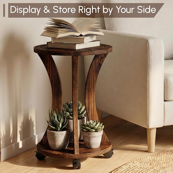 2 Pack 2 Tier Wooden Plant Stand Indoor with Wheels – Tall Plant Stand for 6-12 Inch Pots, Mid-Century Modern Rustic Plant Table Indoor, Pedestal Stand for Corner, Living Room, Balcony