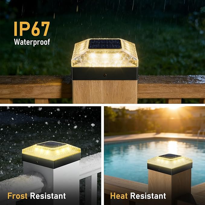 4x4 Solar Post Cap Lights 1 Pack, 3 Color Modes & 2 Brightness, IP67 Waterproof Fence/Deck Lights with Auto On/Off, 12-20H Runtime, No Wiring Needed for Outdoor Garden Yard