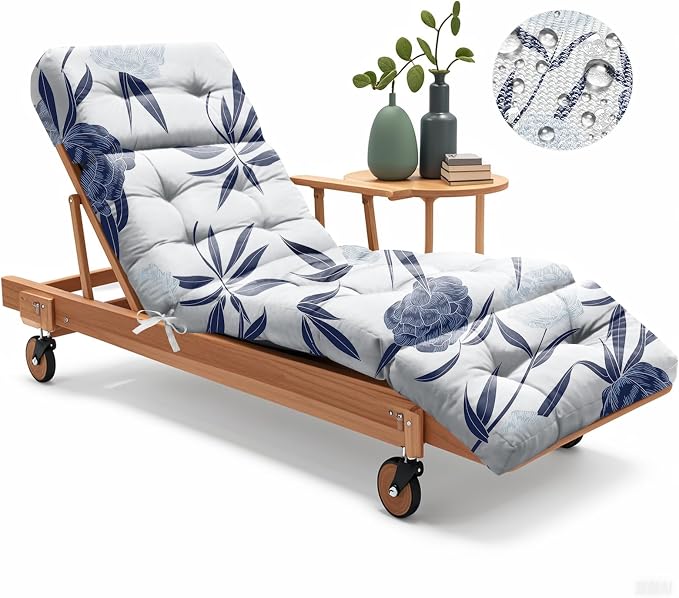 Outdoor Chaise Lounge Chair Cushion 75.1 x 22.8 x 4.7 Inches 100% Waterproof Replacement Cotton Patio Pool Lounge Chair Cushion for Outdoor Furniture with Ties, Blue Enchantress