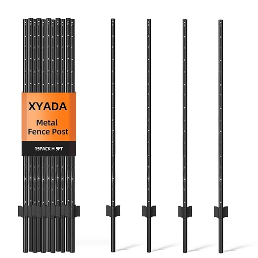 Metal Fence Post 5feet, Heavy Duty Garden Fence Post for Holding Wire Fence, Sign U Post Pack of 15 Sturdy Outdoor No Dig Fence Post for Garden Yard – Black