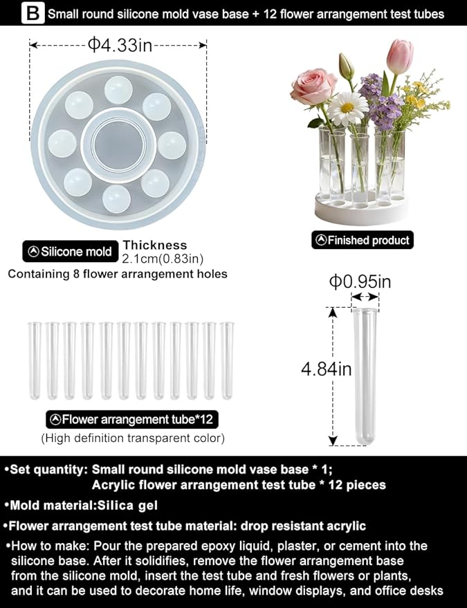 Flower Vase Resin Molds Silicone， Circular and Curved Silicone vase Base+32 Flower Arranging Test Tubes, Suitable for Inserting Fresh Flowers and Cultivating Plants, Desktop Vases Home Decor (B)