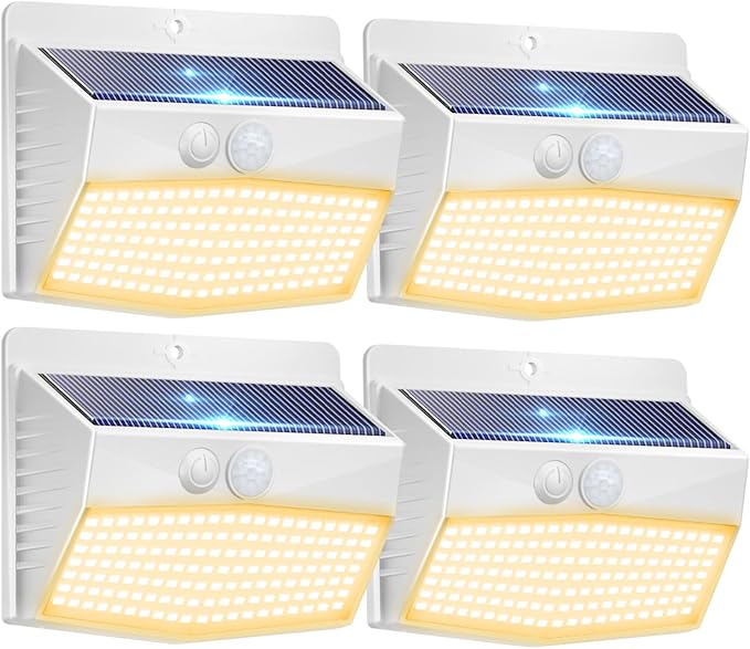Peasur Solar Outdoor Lights, [4 Packs] Motion Sensor Security Lights with 3 Lighting Modes Wall Lights Waterproof Solar Powered Lights for Garden Yard, White Warm