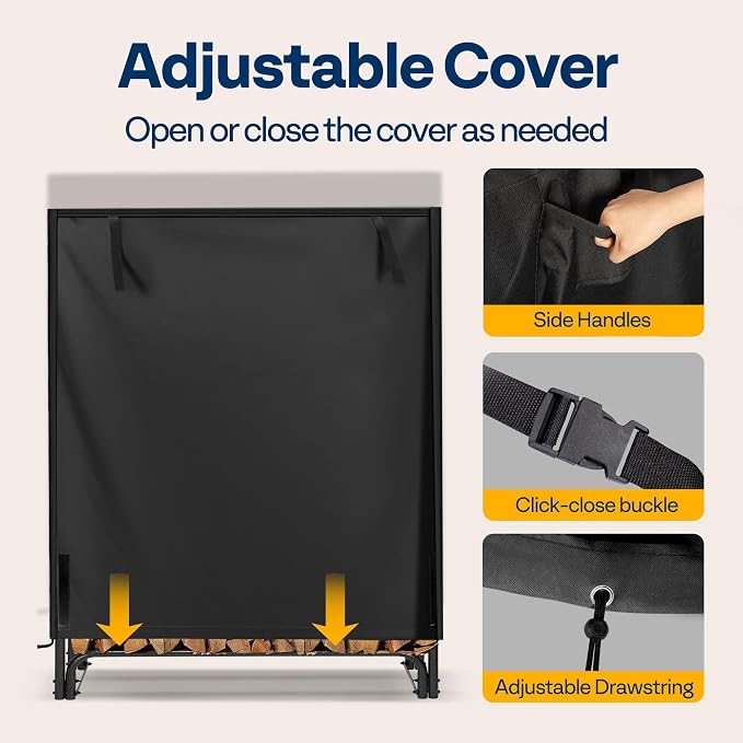 VIVOHOME 3 ft Heavy Duty Firewood Rack Outdoor with Cover, Fire Wood Storage Rack, Log Holder and Cover Combo Set with Zipper, Black