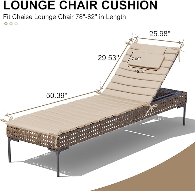 Crestlive Products Chaise Lounge Cushion Outdoor Set of 2, Foldable Waterproof Pool Lounge Chair Cushions with Straps, Lounger Cushions for Outdoor Furniture, 80''Lx26''W (Beige)