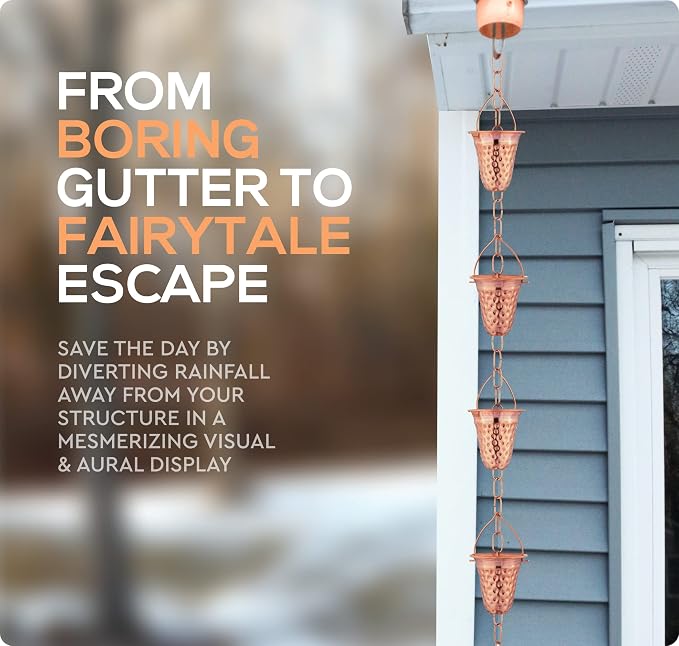 Copper Rain Chain – Decorative Chimes & Cups Replace Gutter Downspout & Divert Water Away from Home for Stunning Fountain Display – for Universal Fit