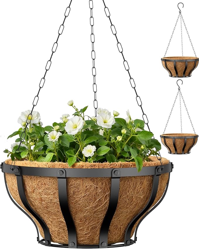 VOXOR Metal Hanging Baskets for Plants, Heavy Duty Wrought Iron Hanging Baskets with Coco Liner & Reinforced Chain, Ideal for Garden, Patio & Porch Decoration (3 Pack, 12 Inch)