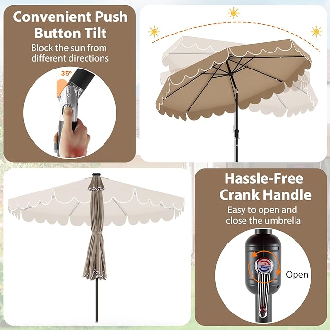 Tangkula 10FT Solar LED Patio Umbrella, 2-Tiers Scalloped Outdoor Table Market Umbrella with 24 LED Lights, Vented Top, Tilt Adjustment, Crank, 8 Ribs for Backyard Poolside Deck Beach Lawn (Coffee)