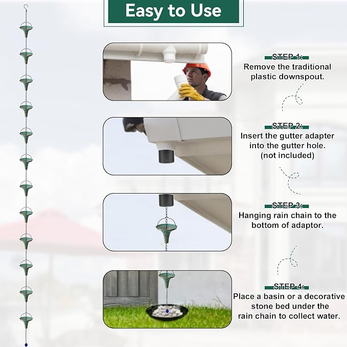 Patina Rain Chain for Gutters, 8.6 FT Decorative Water Chain with 12 Funnel Cups, Crystal Accent, Rust Resistant Outdoor Rain Chain for Garden & Porch