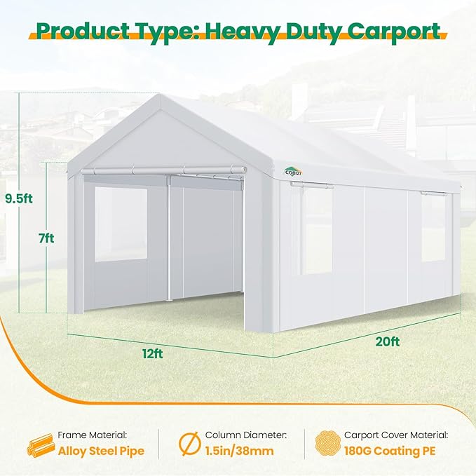 COBIZI Carport Canopy 12x20 Heavy Duty Portable Garage with Removable Sidewalls & Doors, Car Port Canopy Tent with Built-in Sandbags & All-Season Tarp for Car Boat Truck, White