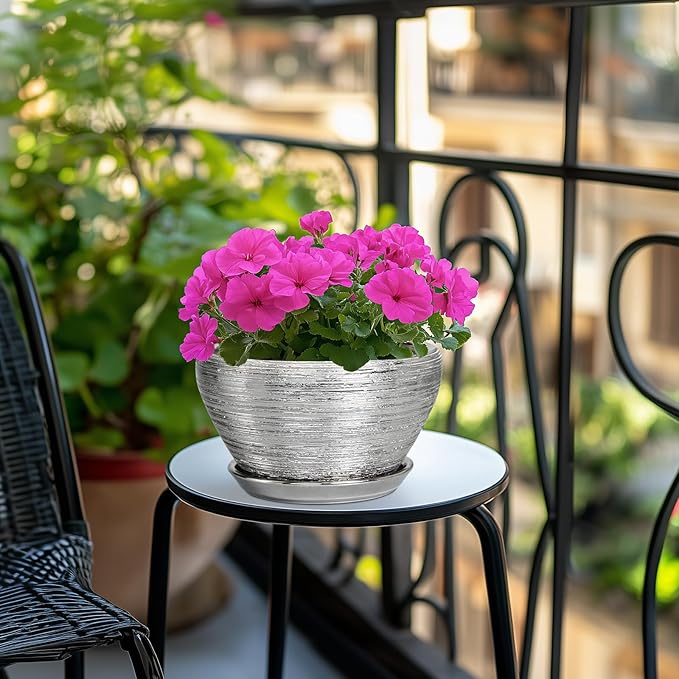 Ceramicfor Pot for Plants 9 Inch - Ceramic Plant Pot Indoor with Drainage Hole and Saucer Round Planter for Indoor Plants Modern Decorative Flower Pot for Home Decor Silver