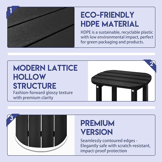 LZRS 2-Tier Patio Side Table, Heavy Duty HDPE Outdoor End Table with Wood Texture, Weatherproof Composite Table for Adirondack Chairs, Deck, Pool, Indoor/Outdoor, No Peeling Cracking(Black)