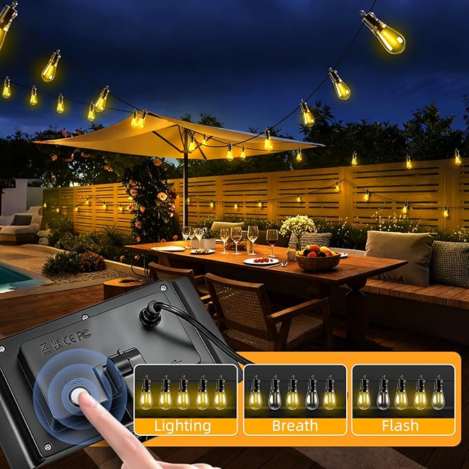 Solar Lights Outdoor Patio Lights: S14 10M 33FT Solar Powered Remote Control 3 Light Modes Dimmable Solar Waterproof Light - Shatterproof Bulbs - Camping Backyard Garden Deck Outside Yard