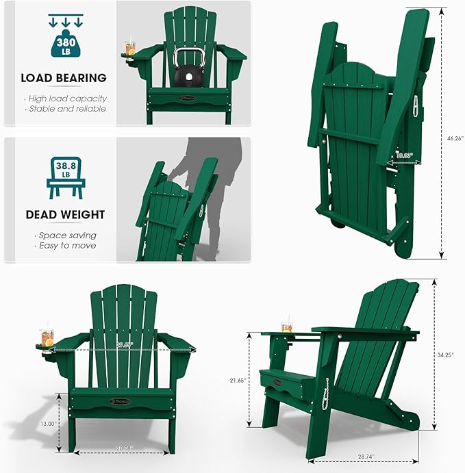 THOEOE Folding Adirondack Chair Set of 2, HDPE All-Weather Outdoor Chair with Cup Holder, Wooden Textured, Fire Pit Chair, Plastic Patio Chair for Deck, Backyard, Garden, Lawn, Green
