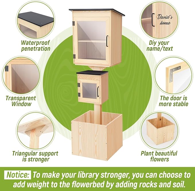 Wonderjune Little Library Box Outdoor Weatherproof Solid Wood Double Book Exchange Box with Pillar-Mounted Mini Library, Floor Plugs & Flower Fence for Community Neighborhood School(Natural Wood)