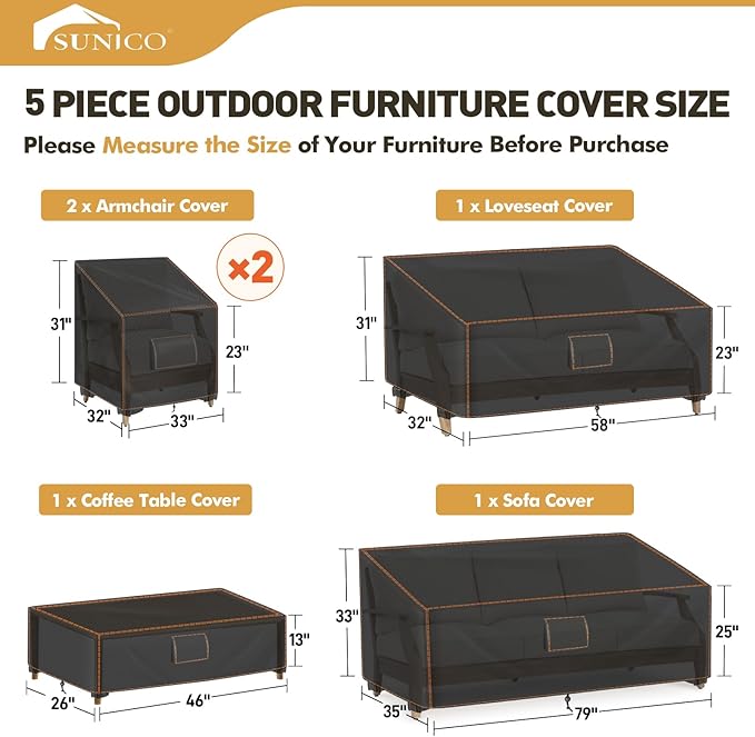 SUNICO Outdoor Patio Furniture Covers Set, 5 Piece Patio Covers for Outdoor Furniture Waterproof, 420D Patio Set Covers, UV Fade Protection, Tear-Resistant, Black