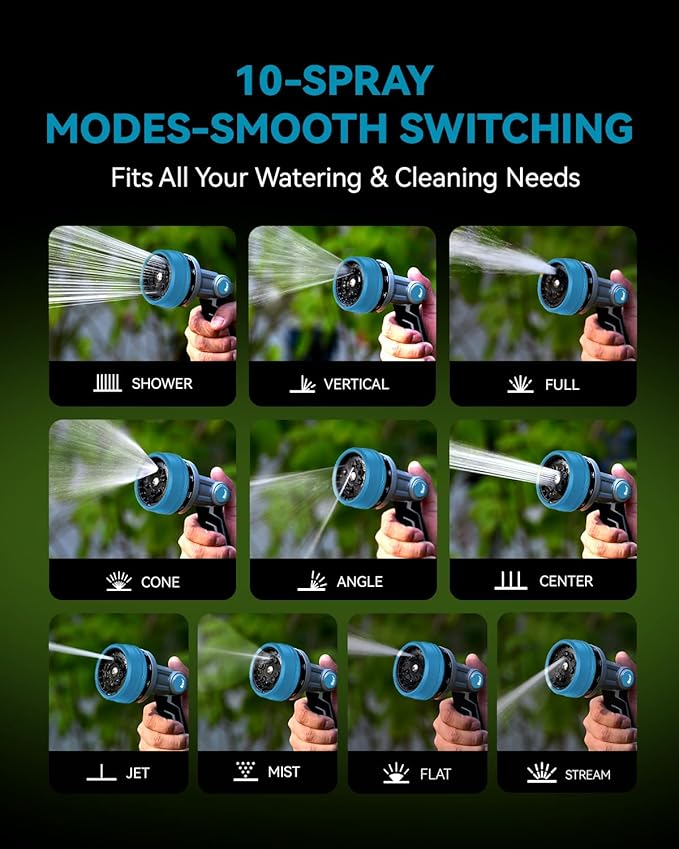 RAINPOINT Full-Metal Garden Hose Nozzle, Heavy Duty Water Hose Nozzle Sprayer With 10 Adjustable Patterns & High Flow,Thumb Control For Flow Adjustment, Ideal For Watering, Washing, Cleaning,Blue-2PCS