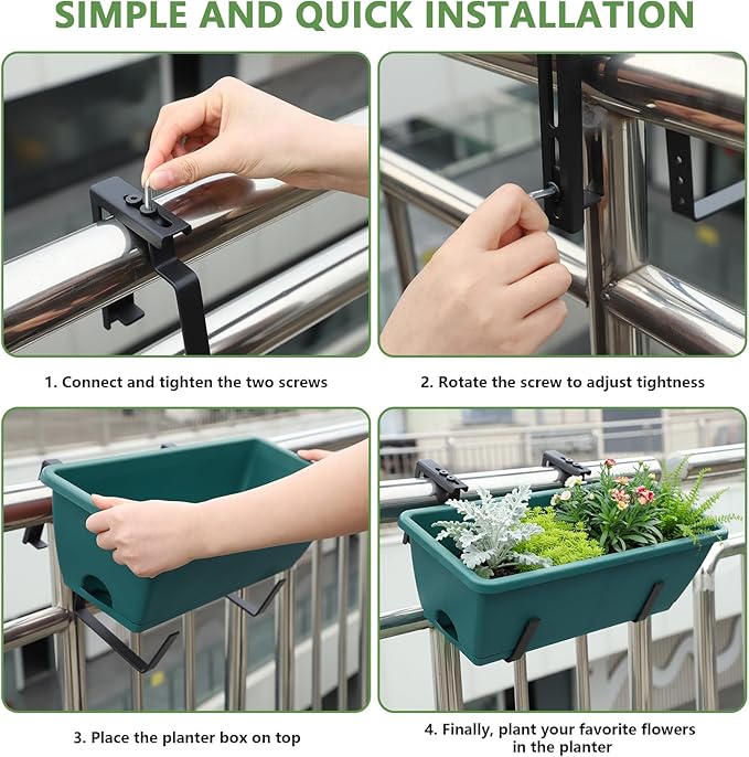 Railing Planter Box 4 Pack Deck Porch Railing Planters 17 inch Window Boxes Planters with Adjustable Brackets, Hanging Wall Planters for Plants, Fence Apartment Balcony Patio Over Rail Decor, Green