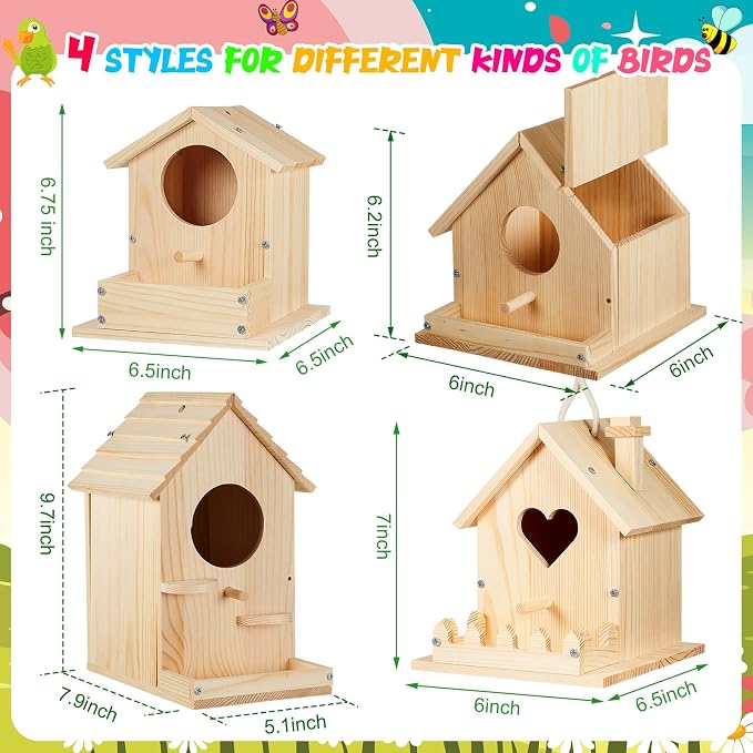 Juexica 8 Pack DIY Birdhouse Kits for Kids Ages 6+ Build and Paint Wooden Bird House Arts and Craft Project with Paint Strips Brushes for Boy Girl Adult Classroom Indoor Outdoor Crafts (Mixed)