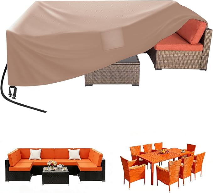 Rectangular Patio Table Cover, 96"Lx48"Wx28"H, 600D Waterproof, Khaki | Kovshuiwe Garden Furniture Covers for Shade and Rain Protection Fits Outdoor Dining Table and Chairs Furniture