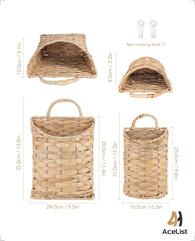 AceList Woven Hanging Basket for Front Door Set of 2, Built-in Iron Frame Handmade Water Hyacinth Wall Mounted Organizer, Natural Wicker Storage for Mail Flowers, Boho Farmhouse Decor for Home