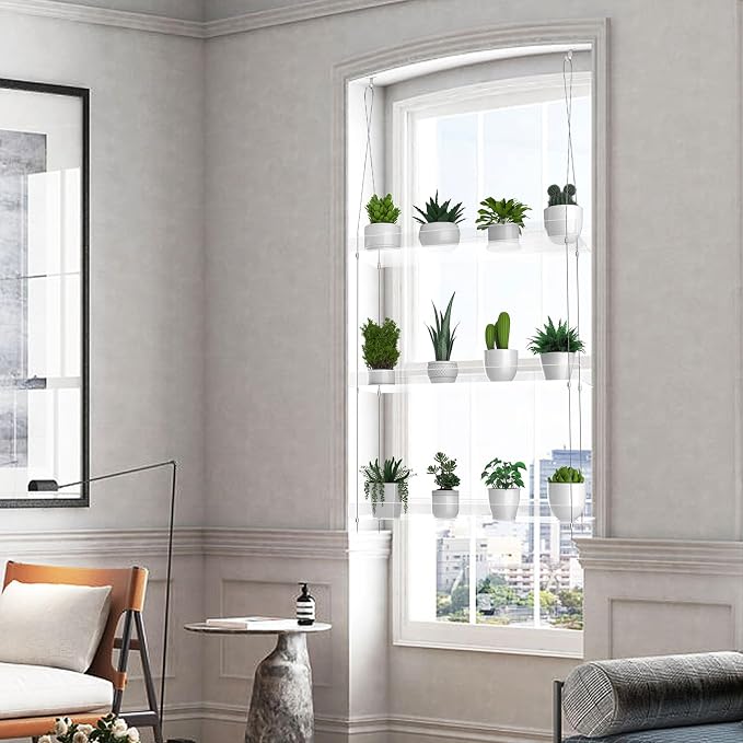 3-Tier Hanging Clear Plant Shelves for Windows, Acrylic Window Wall Plant Stand Shelf for Kitchen Indoor Gardens, Flower, Herb, Seedling Organization, and Pots Display, 16 Inch per Tier