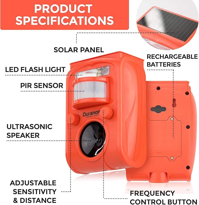 DURANOM Solar Animal Repeller – Ultrasonic & Strobe Motion Sensor Deterrent for Deer, Raccoons, Cats, Dogs – Outdoor Garden Protection, Solar Powered & USB Rechargeable