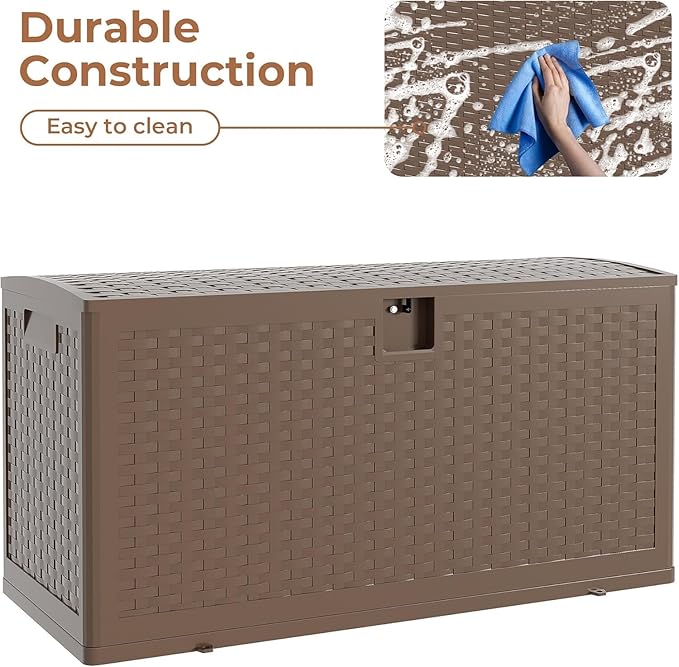Outdoor Deck Box, 99 Gallon Resin Storage Container, Lockable, UV Resistant and Waterproof Storage Box for Patio Furniture Cushions, Garden Tools, Pool Sports Equipment (Brown)